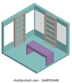 Sala cuadrada isométrica con estante y mesa en el centro