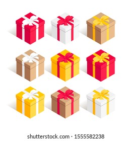 Isometric square gift box set. Surprise red, yellow, white, craft cardboard present boxes with ribbon bow isolated on white background. New year, anniwersary, birthday 3d symbol. Vector illustration