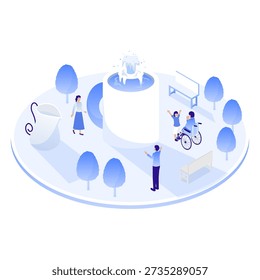 Isometric square illustration (a park with a giant mug fountain).