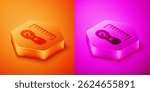 Isometric Square measure foot size icon isolated on orange and pink background. Shoe size, bare foot measuring. Hexagon button. Vector