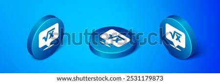 Isometric Square root of x glyph icon isolated on blue background. Mathematical expression. Blue circle button. Vector