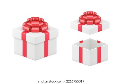 Isometric squared tenderness wrapped white gift box with decorative metallic red bow ribbon festive design. Realistic surprise container storage for desired present celebrating wedding, Valentines