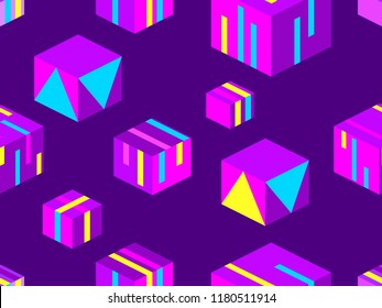 Isometric squares seamless pattern. Geometric elements of memphis style, 3d objects. Vector illustration