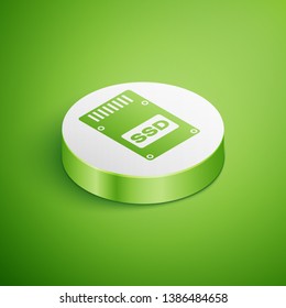 Isometric SSD card icon isolated on green background. Solid state drive sign. Storage disk symbol. White circle button. Vector Illustration