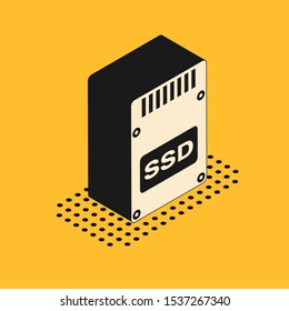 Isometric SSD card icon isolated on yellow background. Solid state drive sign. Storage disk symbol.  Vector Illustration