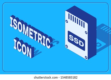 Isometric SSD card icon isolated on blue background. Solid state drive sign. Storage disk symbol.  Vector Illustration