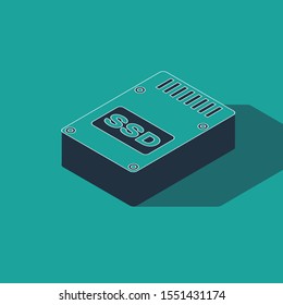 Isometric SSD card icon isolated on green background. Solid state drive sign. Storage disk symbol.  Vector Illustration