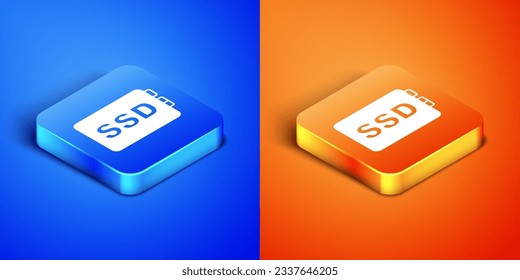 Icono de tarjeta SSD isométrica aislado en fondo azul y naranja. Signo de unidad de estado sólido. Símbolo de disco de almacenamiento. Botón cuadrado. Vector
