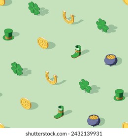 Isometric St Patricks day seamless pattern on green background