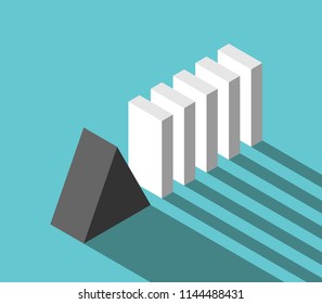 Isometric stable reliable triangular prism stopping potential crisis and domino effect. Security, risk, management and solution concept. Flat design. Vector illustration, no transparency, no gradients