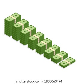 pila isométrica de billetes. Icono de pila de efectivo. Aumento o incremento del dólar. Ilustración vectorial aislada en fondo blanco.