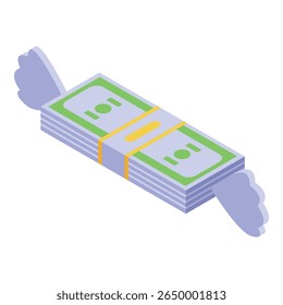 Isometric stack of banknotes flying with wings, representing fast money transfer, easy loan or quick payment