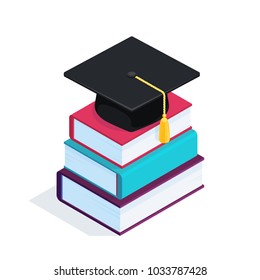 Isometric stack of books with a graduate cap. 3d concept of higher education. Vector illustration.