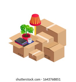 Isometric stack of cardboard boxes and home furniture books, plant, floor lamp isolated. 3D relocation service, transport company, moving to new house or office concept. Vector illustration