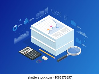 Isometric stack of documents with an official stamp and pencils in a glass. A method for working in the office. Bureaucracy concept. Flat style vector illustration.