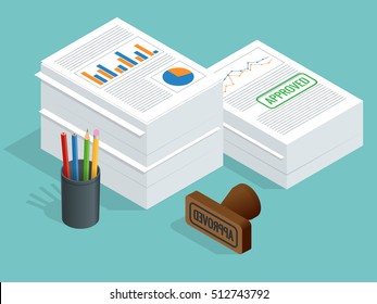 Isometric stack of documents with an official stamp and pencils in a glass. A method for working in the office. Bureaucracy concept. Flat style vector illustration. 