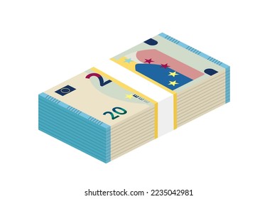 Isometric stack of Euro paper cash money vector illustration. Cartoon isolated bundle of banknotes and pack of 20 Euros, European currency notes pile and twenty bills in wad with banking tape