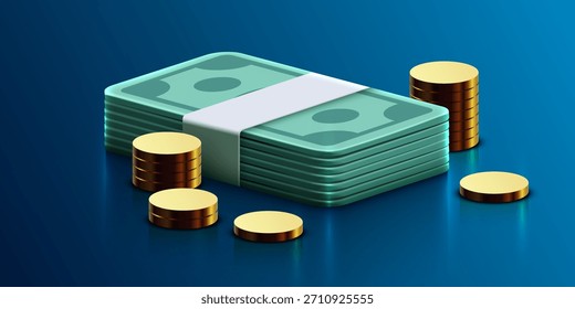 Pilha isométrica de notas de dinheiro e moedas de ouro sobre um fundo azul, simbolizando riqueza e banca. Ilustração vetorial.