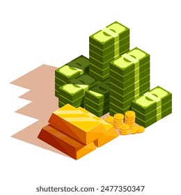 isometric stack of money with gold and coins, vector illustration