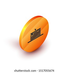 Isometric Stack of pancakes icon isolated on white background. Baking with syrup and cherry. Breakfast concept. Orange circle button. Vector Illustration
