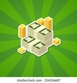 Isometric stack of stylized money, coins and banknotes, on green beams background