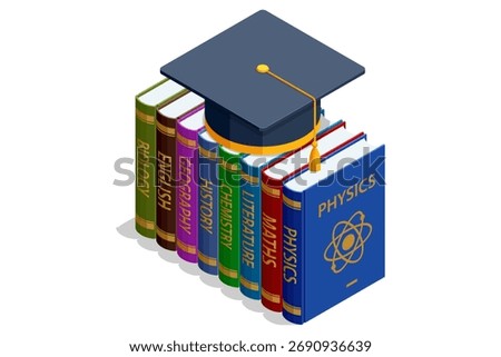 Isometric stack of textbooks with graduation cap. Concept of education, knowledge, learning, and academic success. Textbooks physics, math, chemistry, biology and English