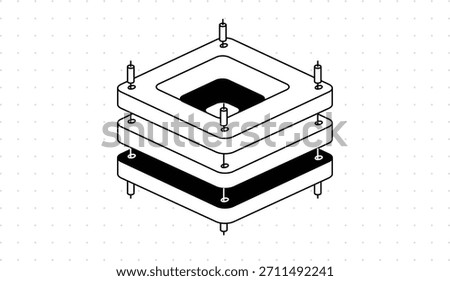 Isometric stacked server layers. Square plates, central opening bolts minimalist tech. Blockchain stack, web3 infrastructure, modular architecture, verification layers and autonomous digital system