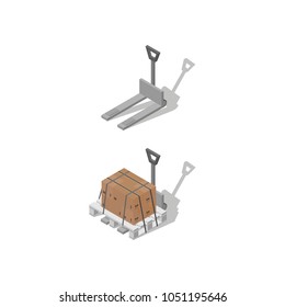 Isometric stacker with boxes used in transportation and warehouses. 3d isolated vector illustration on white background