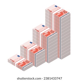 Isometrische Stapel von 10 Euro-Banknoten, die in der Grafik aufsteigen. Großer Haufen Geld. Cashflow-Treppen. Die Notizen wachsen. Geschäftskonzept. Vektorgrafik