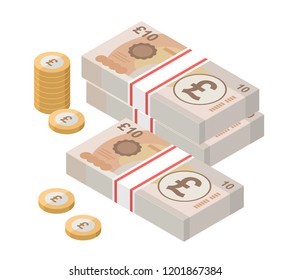 Isometric stacks of 10 pound sterling banknotes and coins. British money. Currency. Vector illustration.