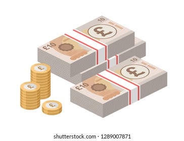 Isometric stacks of 10 pound sterling banknotes and coins. British money. Big pile of cash. Currency. Vector illustration.