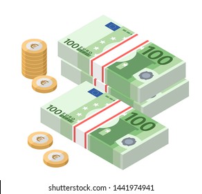 Isometric stacks of 100 euro banknotes. Paper money and coins. One hundred bills. European currency notes. Vector illustration.