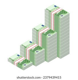 Isometric stacks of 100 Euro banknotes rising up graph. Big pile of money. Cash flow stairs. Notes are growing. Business concept. Vector illustration svg
