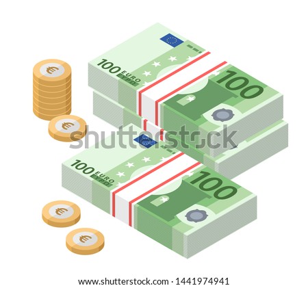 Isometric stacks of 100 euro banknotes. Paper money and coins. One hundred bills. European currency notes. Vector illustration.