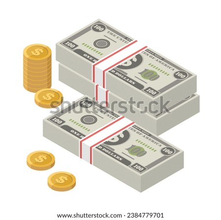 Isometric stacks of 100 US Dollar banknotes and coins. One hundred USD bills. American money notes. US currency. Flat style. Vector illustration.