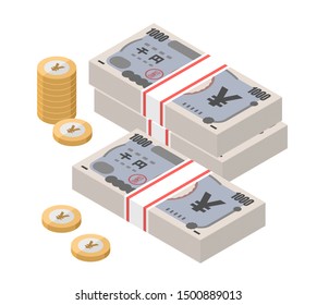Isometric stacks of 1000 Japanese Yen banknotes and coins. Japan paper money. One hundred bills. Currency notes. Flat style. Vector illustration.