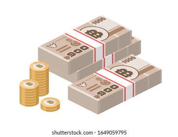 Isometric stacks of 1000 Thai baht banknotes and coins. One thousand bills of Thailand money. THB currency notes. Flat style. Vector illustration.