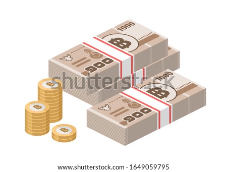 Isometric stacks of 1000 Thai baht banknotes and coins. One thousand bills of Thailand money. THB currency notes. Flat style. Vector illustration.