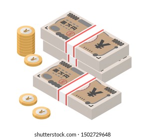 Isometric stacks of 10000 Japanese Yen banknotes and coins. Japan paper money. Ten thousand bills. Currency notes. Flat style. Vector illustration.