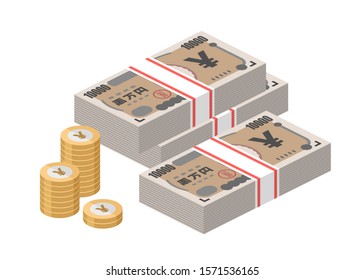 Isometric Stacks Of 10000 Japanese Yen Banknotes And Coins. Japan Paper Money. Ten Thousand Bills. Big Pile Of Cash. Currency Notes. Flat Style Vector Illustration.