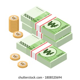 Isometric stacks of 10000 South Korean Won banknotes and coins. Ten thousand bills of Korea money. KRW currency notes. Flat style. Vector illustration.