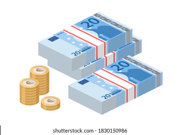 Isometric stacks of 20 euro banknotes. Pile paper money and coins. Twenty bills. European currency notes. Vector illustration.