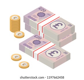 Isometric stacks of 20 pound sterling banknotes and coins. British money. Currency. Vector illustration.