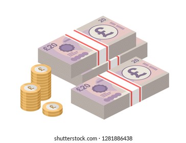Isometric stacks of 20 pound sterling banknotes and coins. British money. Big pile of cash. Currency. Vector illustration.