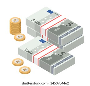Isometric stacks of 5 euro banknotes. Paper money and coins. Five bills. European currency notes. Vector illustration.