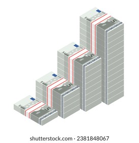 Isometric stacks of 5 Euro banknotes rising up graph. Big pile of money. Cash flow stairs. Notes are growing. Business concept. Vector illustration