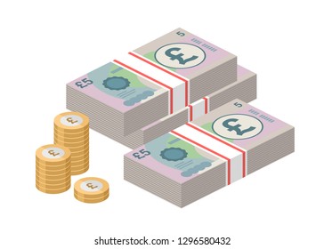 Isometric stacks of 5 pound sterling banknotes and coins. British money. Big pile of cash. Currency. Vector illustration.