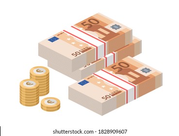 Isometric stacks of 50 euro banknotes. Pile paper money and coins. Fifty bills. European currency notes. Vector illustration.