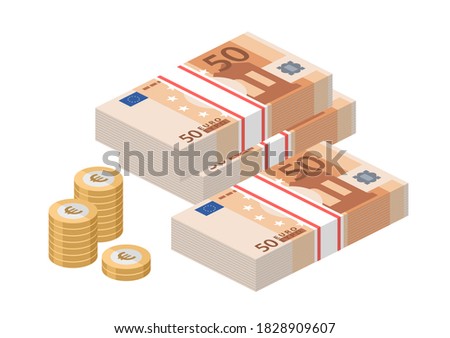 Isometric stacks of 50 euro banknotes. Pile paper money and coins. Fifty bills. European currency notes. Vector illustration.