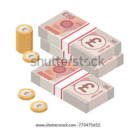 Isometric stacks of 50 pound sterling banknotes and coins. British money. Currency. Vector illustration.